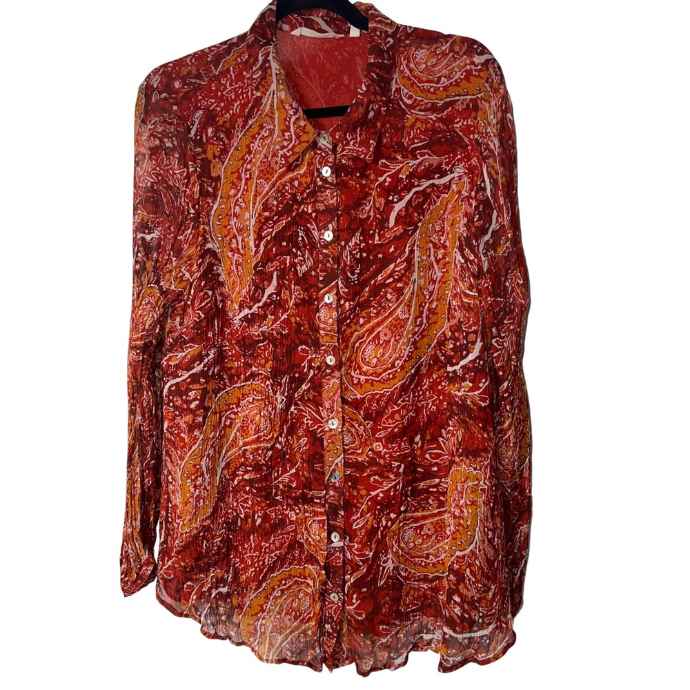 Soft Surroundings Red Orange Paisley Crinkle Button Down Lined Shirt 1X Boho